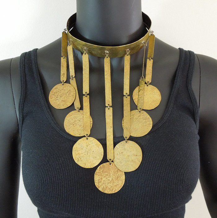 Huge 70s Modernist Tribal Style Hammered Drops Necklace