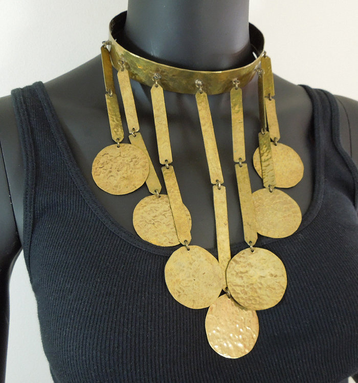 Huge 70s Modernist Tribal Style Hammered Drops Necklace