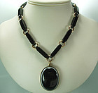 C 1900 Banded Agate French Jet Black Pendant Necklace