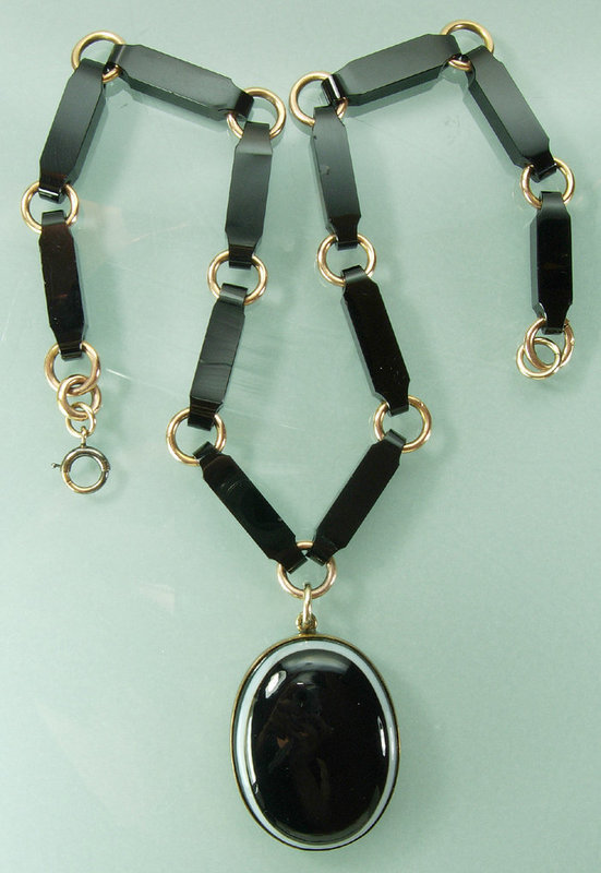 C 1900 Banded Agate French Jet Black Pendant Necklace
