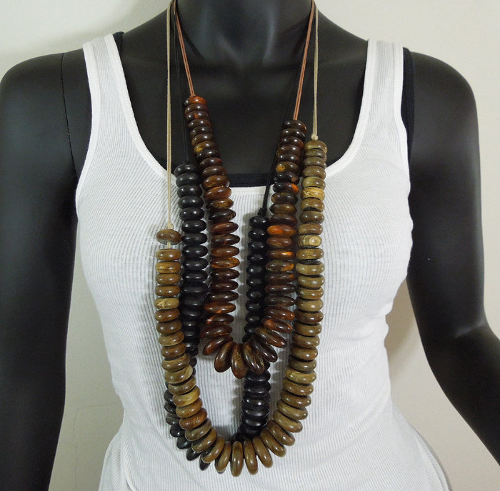 Set 3 Tribal Style Carved Wood Beaded 36 Inch Necklaces