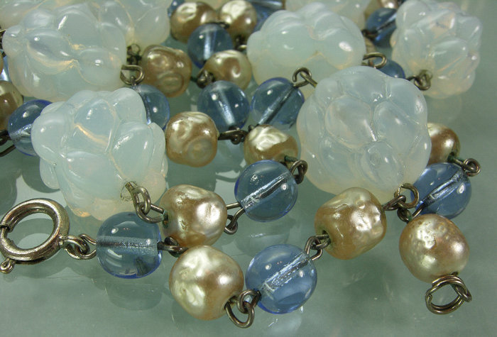 50s French Opaline Blue Pearl Glass Wired Sautoir 54 In
