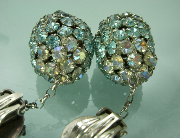 1960s Couture Blue Ombre Rhinestones Earrings: France