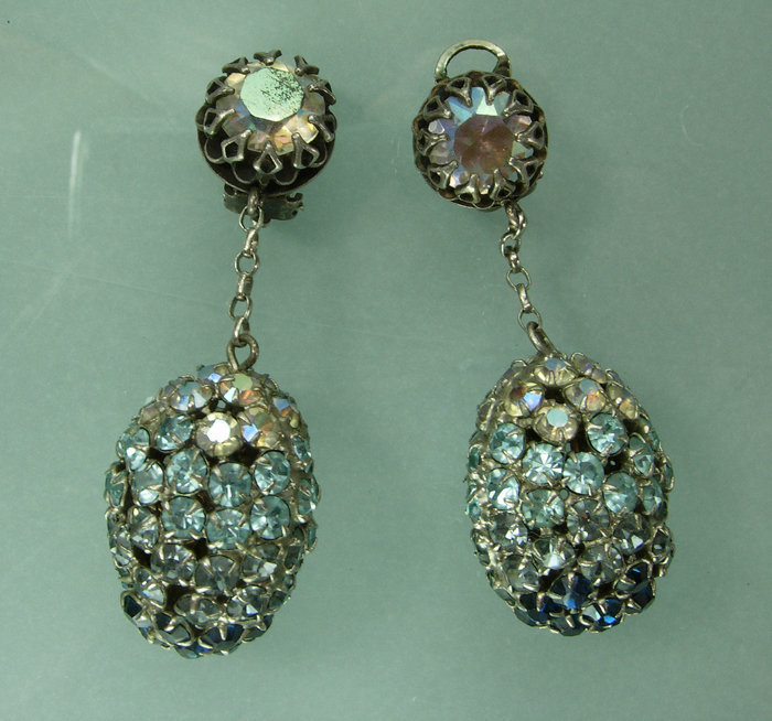1960s Couture Blue Ombre Rhinestones Earrings: France