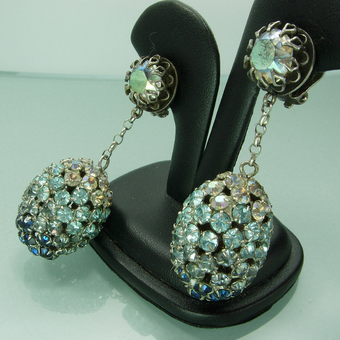 1960s Couture Blue Ombre Rhinestones Earrings: France