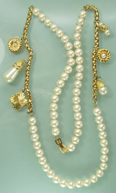 70s Givenchy Pearls 6 Charms Diamante 36 Inch Necklace
