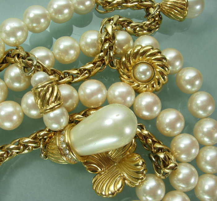 70s Givenchy Pearls 6 Charms Diamante 36 Inch Necklace