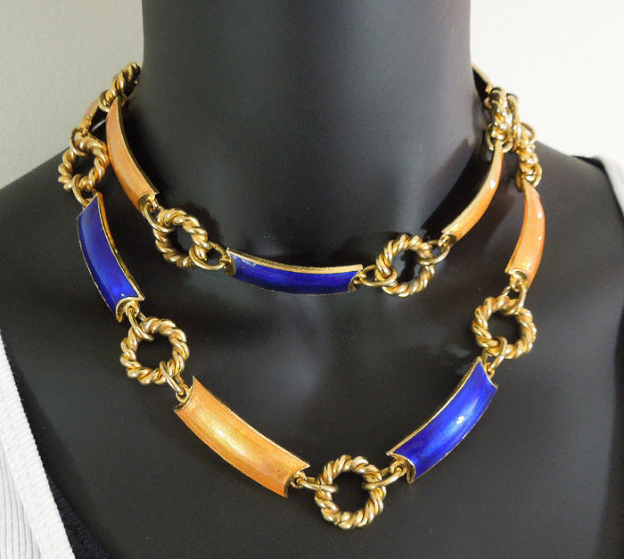 70s Gucci Italy Orange Blue Enamel 36&quot; Necklace / Belt