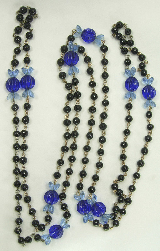 40s Blue Black Poured Glass Wired 58 In. French Sautoir