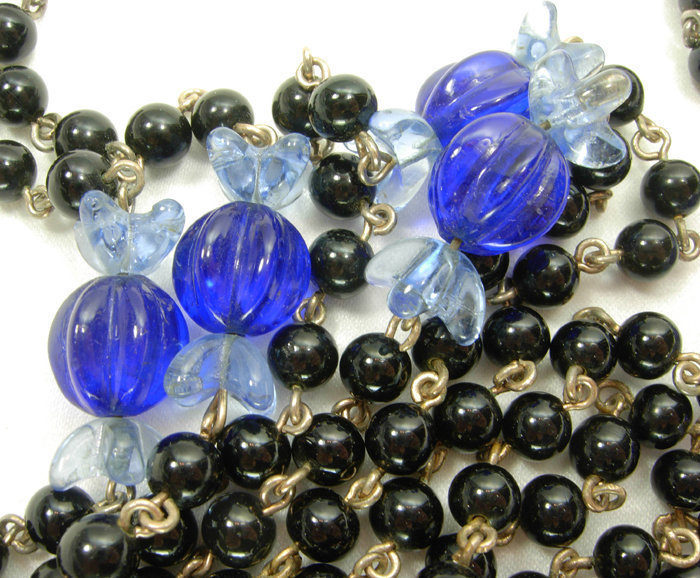 40s Blue Black Poured Glass Wired 58 In. French Sautoir