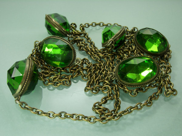 Early Vintage Sautoir Big Green Bezel Glass Stones 55&quot;