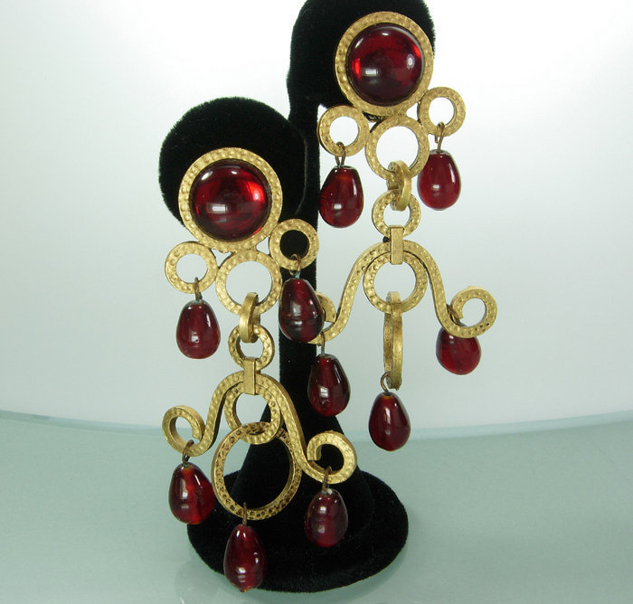 80s French Red Poured Glass Girandole Long Earrings