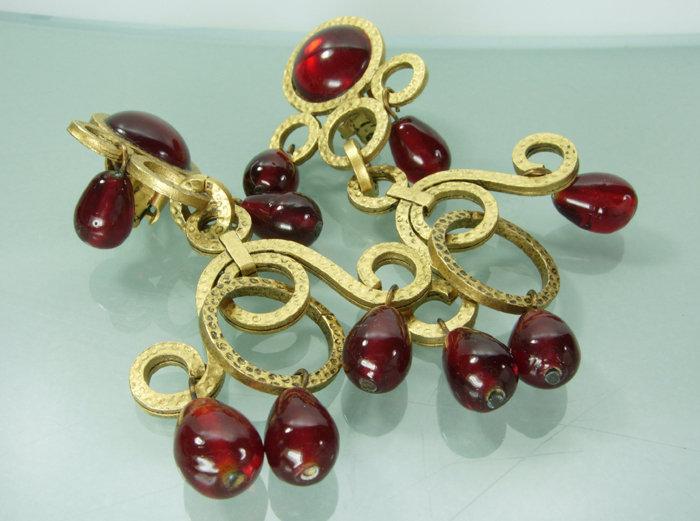 80s French Red Poured Glass Girandole Long Earrings