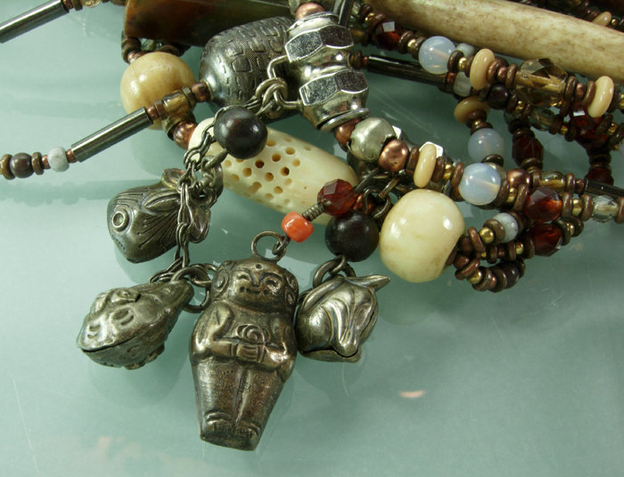 1980s Elaborate Tribal Style Glass Bead Charm Necklace