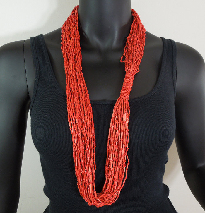 1980s Coral Glass and Raffia Italian Conterie Necklace