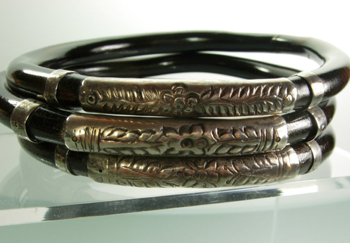 Set of 3 Early Chinese Reed Rattan Silver Bracelets
