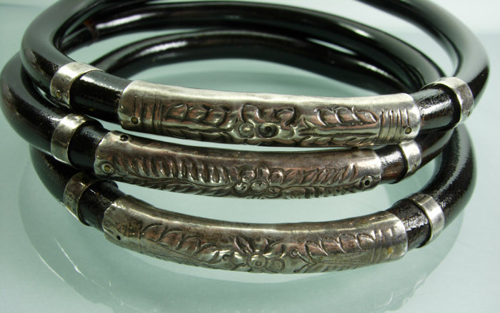 Set of 3 Early Chinese Reed Rattan Silver Bracelets