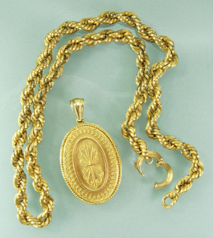 1870s Victorian Rolled Gold Etruscan Locket Necklace