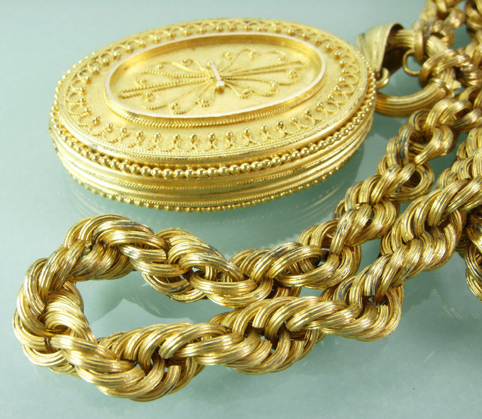 1870s Victorian Rolled Gold Etruscan Locket Necklace