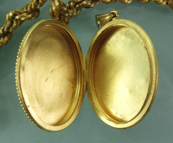 1870s Victorian Rolled Gold Etruscan Locket Necklace