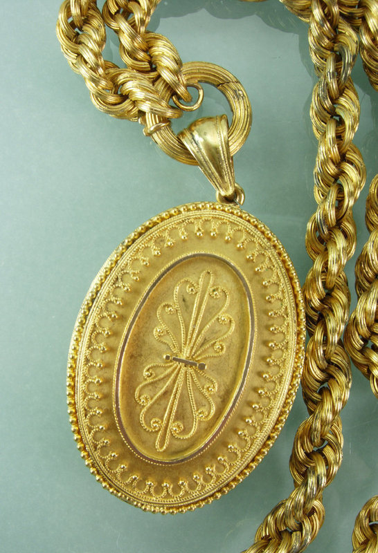 1870s Victorian Rolled Gold Etruscan Locket Necklace