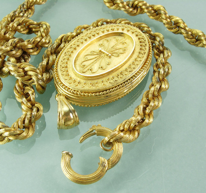 1870s Victorian Rolled Gold Etruscan Locket Necklace