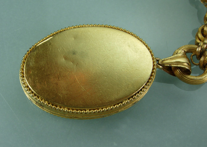 1870s Victorian Rolled Gold Etruscan Locket Necklace