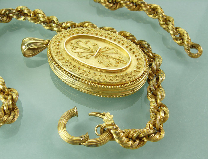 1870s Victorian Rolled Gold Etruscan Locket Necklace