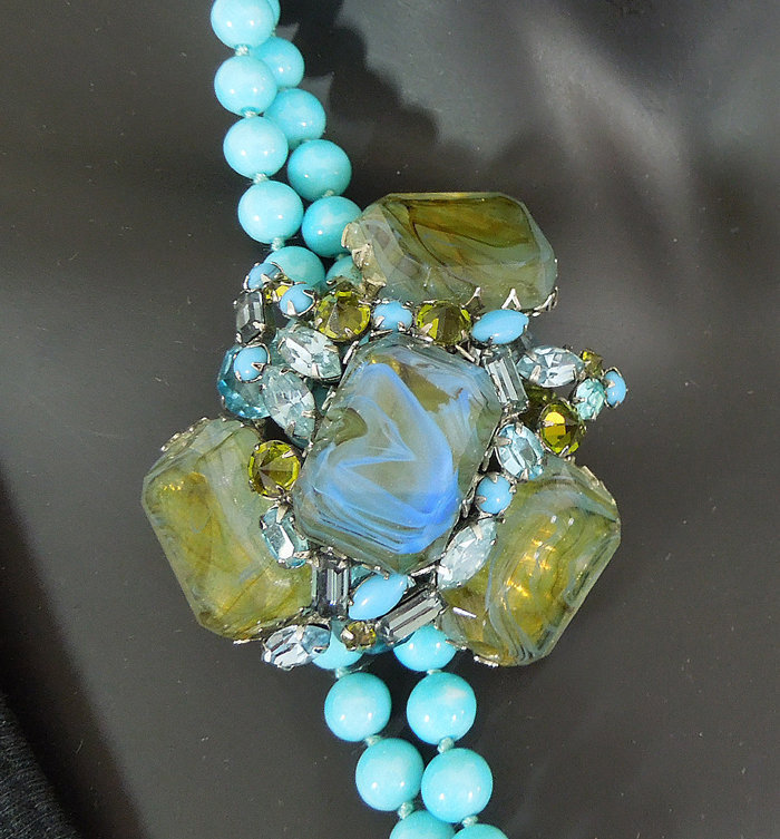 60s Unsigned Schreiner Aqua Pin Necklace Fantasy Stones