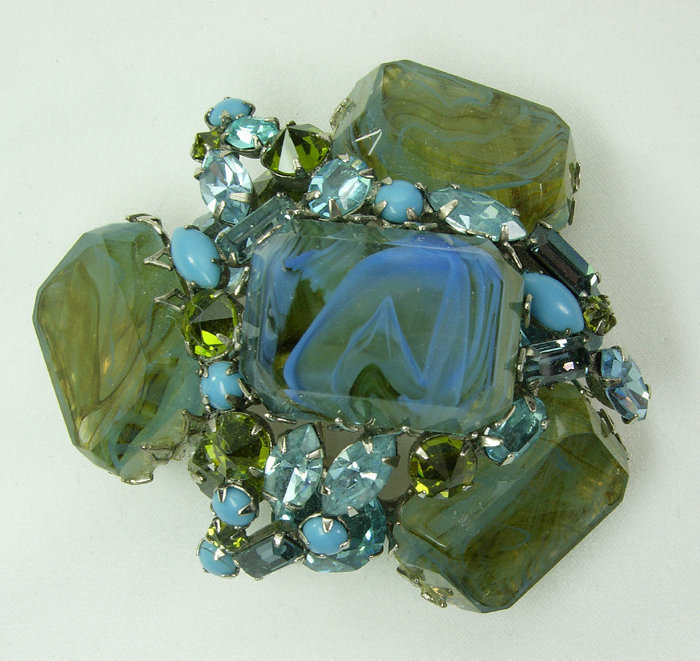 60s Unsigned Schreiner Aqua Pin Necklace Fantasy Stones