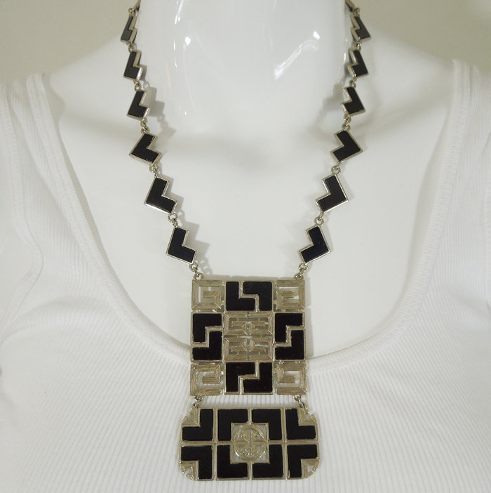 70s Givenchy Mod Black Enamel Silver Logo Necklace