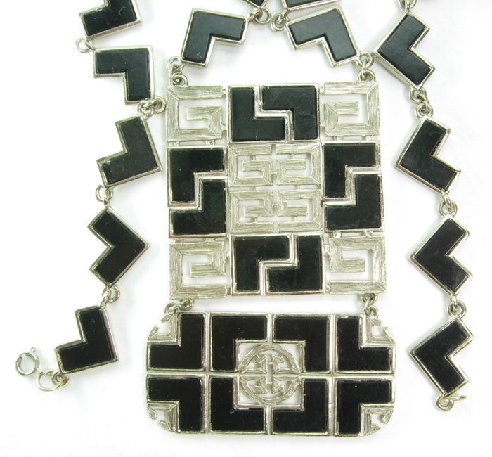 70s Givenchy Mod Black Enamel Silver Logo Necklace