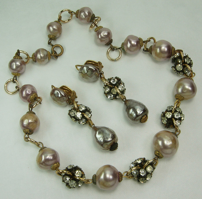 1970 French Ivory Glass Pearl Strass Necklace Earrings