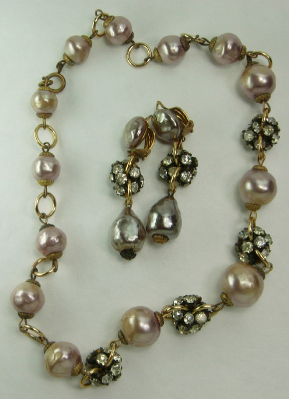 1970 French Ivory Glass Pearl Strass Necklace Earrings