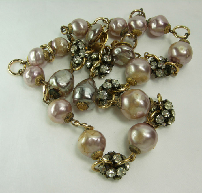 1970 French Ivory Glass Pearl Strass Necklace Earrings