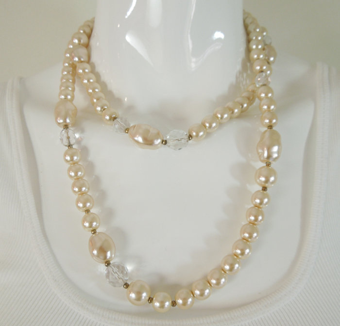 Luxe Heavy 1970s French Pearl Crystal 40 Inch Necklace