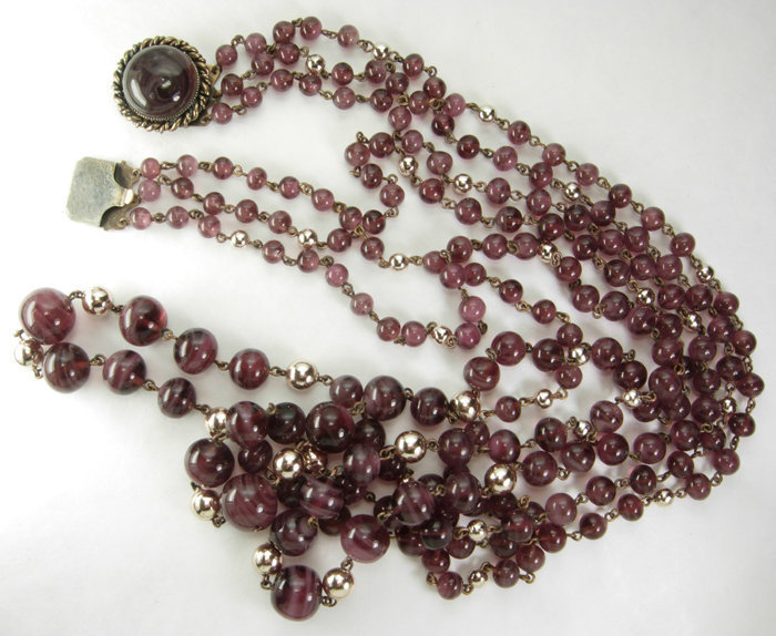 1970s French 3 Tier Purple Glass Wired Necklace