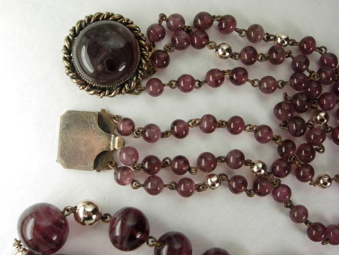1970s French 3 Tier Purple Glass Wired Necklace
