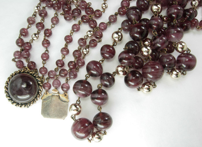 1970s French 3 Tier Purple Glass Wired Necklace