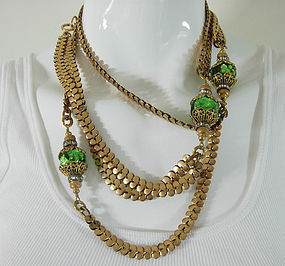 1950 French Necklace Green Glass Diamante Gilt Metal