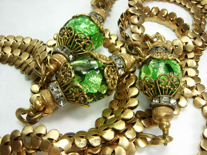 1950 French Necklace Green Glass Diamante Gilt Metal