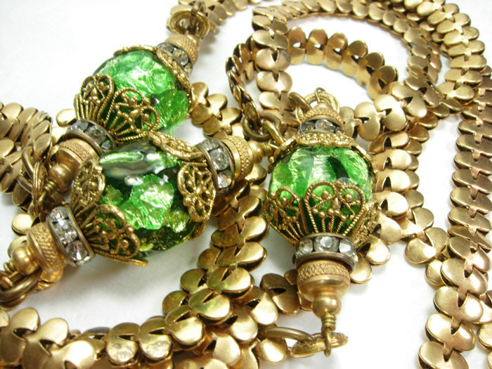 1950 French Necklace Green Glass Diamante Gilt Metal