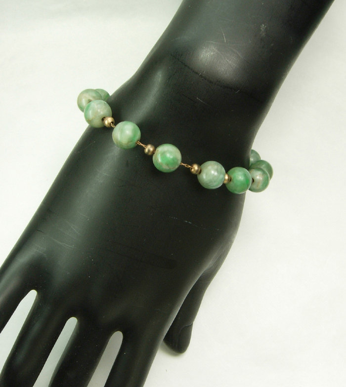 Antique 1920s 9mm Jade Bead Chain Strung Bracelet