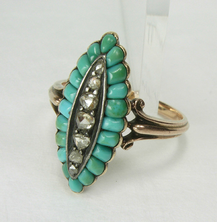 Antique 14K Gold Turquoise Diamond Ring French Marks