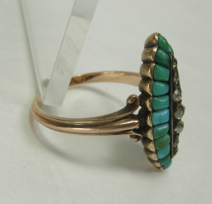 Antique 14K Gold Turquoise Diamond Ring French Marks