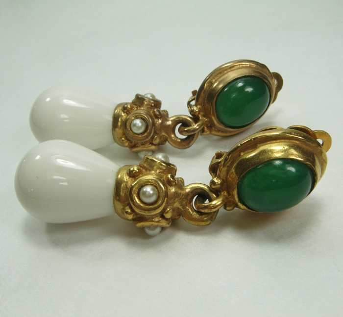 70s Couture Byzantine Earrings Green Poured Glass
