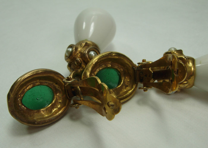 70s Couture Byzantine Earrings Green Poured Glass