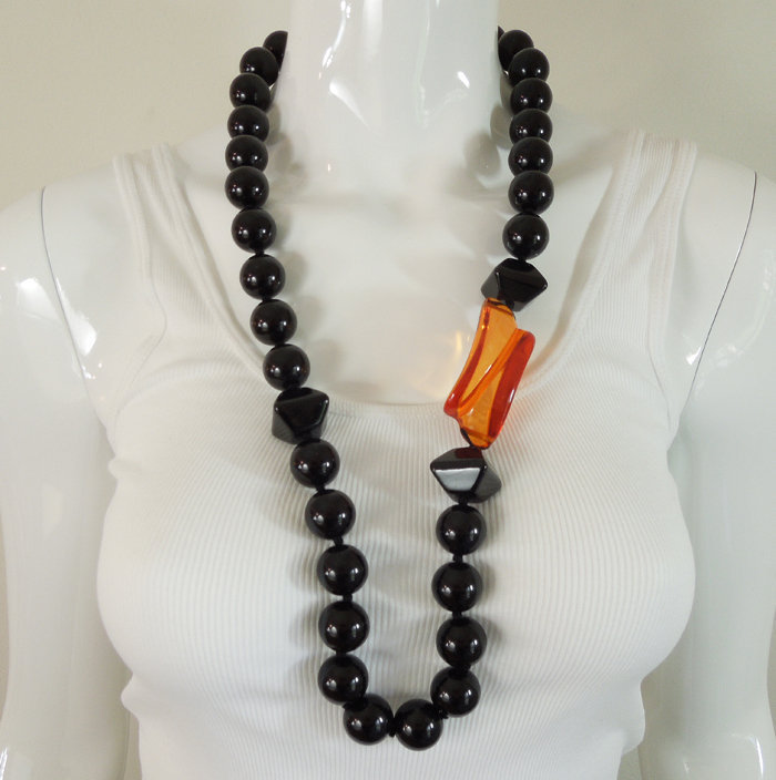 80s Modern Italian Black Lacquer Amber Lucite Necklace