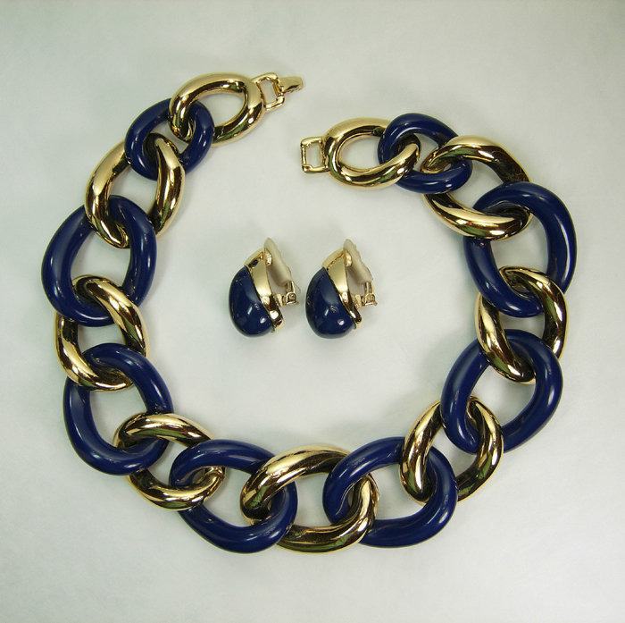 70s Givenchy Blue Lucite Goldtone Chain Necklace Set