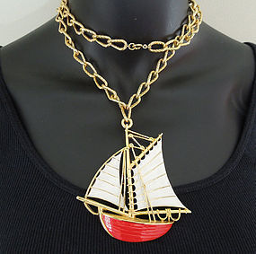 Very Big 1970s Trifari Enameled Sailboat Necklace
